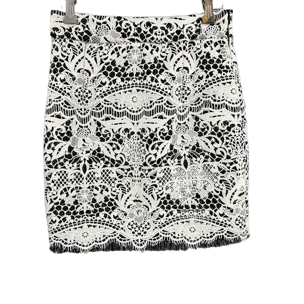 Maje Pencil Skirt White Lace Black Overlay Above Knee Size 34 / XS